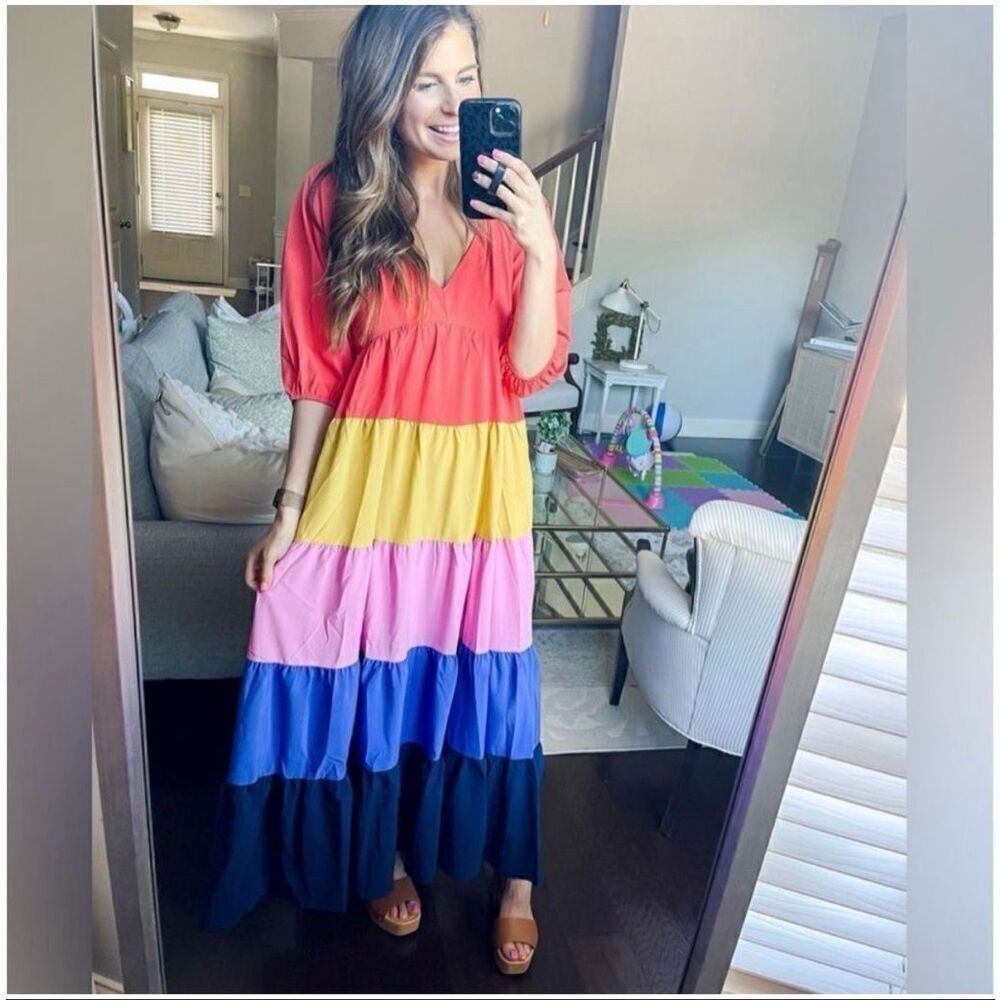 Anthropologie Farm Rio Size S Puff Sleeve Tiered Maxi Dress Colorblock Stripe - Picture 7 of 15